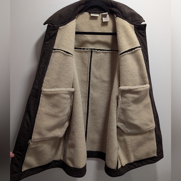 LL Bean Men Brown Sherpa Lined Faux Suede Barn Jacket Coat Large Grandpa Chore - Picture 6 of 12